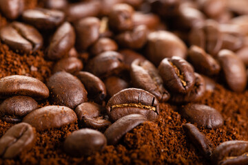 Coffee Beans and Grounds Close up. Background.