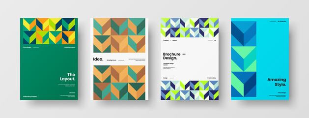 Fototapeta premium Company identity brochure template collection. Business presentation vector A4 vertical orientation front page mock up set. Corporate report cover abstract geometric illustration design layout bundle.