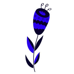 Single dark blue flower, hand-drawn, in folk style. Folk style in design and decoration. Blank for the design of dishes, greeting cards, textiles, fabrics, notebooks, covers, covers, bags