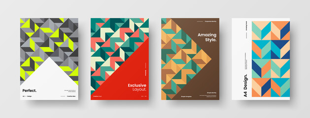 Obraz premium Company identity brochure template collection. Business presentation vector A4 vertical orientation front page mock up set. Corporate report cover abstract geometric illustration design layout bundle.