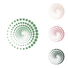 Abstract technology circles sign. Russian green icon with small jungle green, puce and desert sand ones on white background. Illustration.