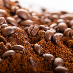 Coffee Beans and Grounds Close up. Background.