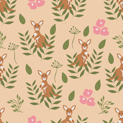 Trendy seamless with kangaroos and flowers. Fabric design with cute kangaroos, plants and flowers. Vector cute repeat pattern for fabric, wallpaper or wrapping paper.