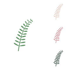 Olive twig sign. Russian green icon with small jungle green, puce and desert sand ones on white background. Illustration.