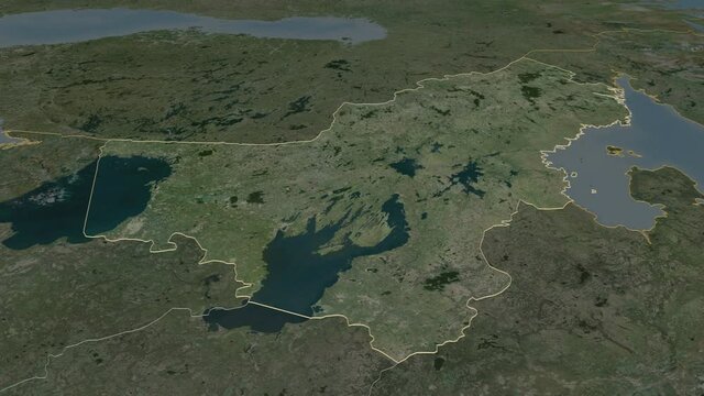 Karelia, republic with its capital, zoomed and extruded on the satellite map of Russia in the conformal Stereographic projection. Animation 3D