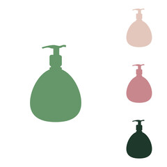 Gel, Foam, Liquid Soap. Dispenser Pump Plastic Bottle. Russian green icon with small jungle green, puce and desert sand ones on white background. Illustration.