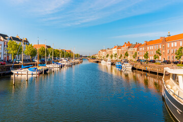 Fototapeta premium Boats in Canal in Middelburg Zeeland Netherlands