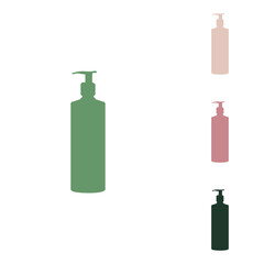 Gel, Foam, Liquid Soap. Dispenser Pump Plastic Bottle. Russian green icon with small jungle green, puce and desert sand ones on white background. Illustration.