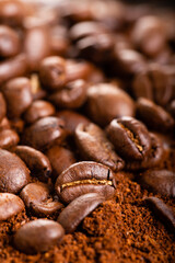 Coffee Beans and Grounds Close up. Background.