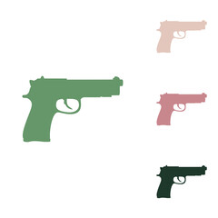 Gun sign illustration. Russian green icon with small jungle green, puce and desert sand ones on white background. Illustration.