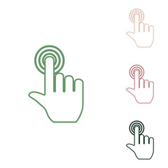 Hand click on button. Russian green icon with small jungle green, puce and desert sand ones on white background. Illustration.