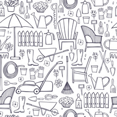 Hand drawn garden tools and  furniture. Vector seamless pattern