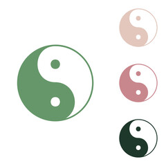 Ying yang symbol of harmony and balance. Russian green icon with small jungle green, puce and desert sand ones on white background. Illustration.