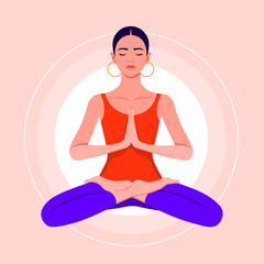 A young woman sits in a lotus position and meditates. Hispanic girl practices yoga and levitates. Vector flat illustration