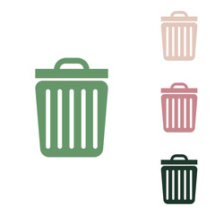 Trash sign illustration. Russian green icon with small jungle green, puce and desert sand ones on white background. Illustration.