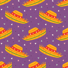 Little funny cute cartoon sombrero. Mexican national hat, clothes. Traditional wearing. Festival. Cartoon headwear. Fiesta. Party. Flat colourful vector seamless pattern, texture, background.