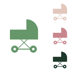 Pram sign illustration. Russian green icon with small jungle green, puce and desert sand ones on white background. Illustration.