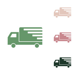 Delivery sign illustration. Russian green icon with small jungle green, puce and desert sand ones on white background. Illustration.