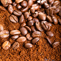 Coffee Beans and Grounds Close up. Background.