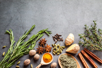 Antivirus health food immune boosting properties with rosemary, thyme, nutmeg, sage, clove spice, ginger, cinnamon sticks, turmeric, star anise, cardamom herbs. Immune defense healthy products concept