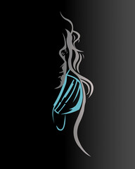 tired girl with a mask removed in anticipation of the end of pandemic. banner, Illustration in red and black