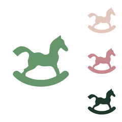 Horse toy sign. Russian green icon with small jungle green, puce and desert sand ones on white background. Illustration.