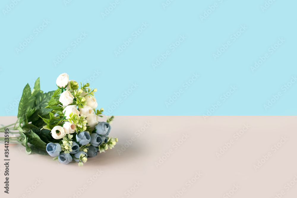 Wall mural beautiful white and blue flowers on the two colors background. suitable for design and copyspace or 