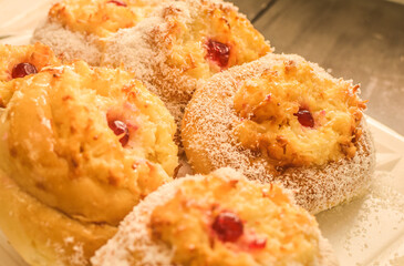 Sweet bread with grated coconut with jam, bakery, sweet breads from bakery