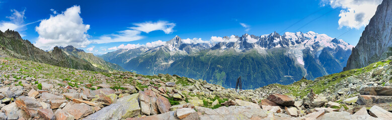 Mont Blanc mountain, French Alps scenic panorama banner. Hiking, tourism, travel concept