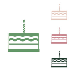 Birthday cake sign. Russian green icon with small jungle green, puce and desert sand ones on white background. Illustration.