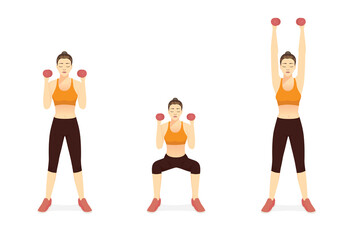 Sport Women doing Fitness with Dumbbell Squat and Overhead Press Exercise in 3 steps. Diagram of How to easy Fitness training target to Arms, Shoulder, Quadricep, and Gluteal muscles.