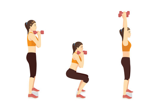 Sport Women doing Fitness with Dumbbell Squat and Overhead Press Exercise in 3 steps. Diagram of How to easy Fitness training target to Arms muscles. side view.