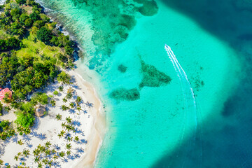 Aerial drone view of beautiful caribbean tropical island Cayo Levantado beach with palms and boat....