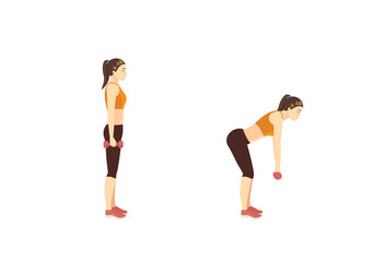 Obraz na płótnie Canvas Women doing dumbbell deadlift workout in 2 steps to target lower body resistance training. Illustration about easy Fitness during stay at home.