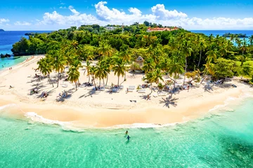 Fototapeten Luftdrohnenansicht der wunderschönen karibischen tropischen Insel Cayo Levantado Strand mit Palmen. Bacardi-Insel, Dominikanische Republik. Urlaubshintergrund. © Nikolay N. Antonov