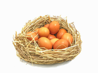 full eggs orange oval shape food on nest. chicken egg in straw isolated on white background. High protien for helthy.