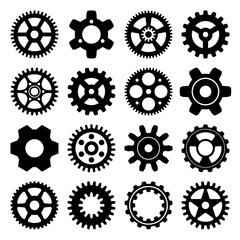 Mechanical cogwheel gear 16 type sets, black silhouette, isolated on white background. Vector illustration.