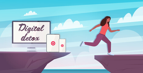 woman jumping over cliff abyss running away from gadgets digital detox concept girl escaping from digital addiction abandoning internet and social networks horiontal vector illustration