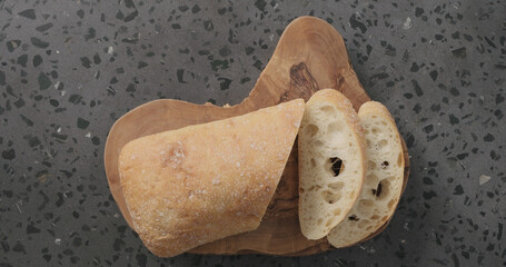 top view slices of tta bread on concrete countertop