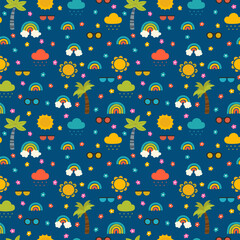 Colorful summer seamless pattern with hand drawn elements. Sun, palm tree, rainbow. Print design great for fabric, wrapping, textile