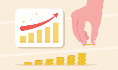 Vector Investment increasing illustration. human hand holding coins increase money capital and profit with arrow chart.