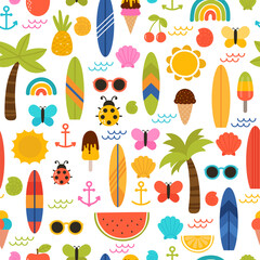 Summer seamless pattern with surfboards, palm trees, anchors, sunglasses and shells. Cute background for textile or fabric