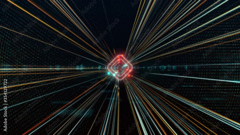 Poster Transfer and storage of data sets/Abstract glowing tunnel. Virtual processor loading binary data.
Movement on the data download channel of the virtual motherboard of a computer. 3D Rendering
