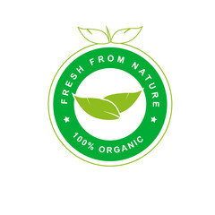 100% organic logo emblem sticker design template with text and green leaf shape. Sign and symbol nature badge illustration. Element vector for product vegetarian, vegan, stamp package food, certified