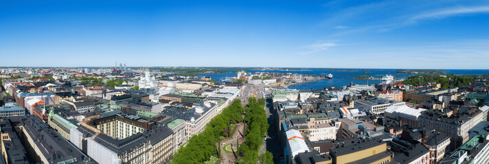 Scenic summer panorama of the Market Square Kauppatori at the Old Town pier in Helsinki. City center aerial view. Cathedral. Finland