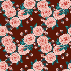 Naklejka premium Plant pattern with one stroke painting imitation rose. Seamless folk floral pattern. Rose flowers. Vintage old style background. For textile, wallpaper, covers, surface, print, gift wrap, decoupage.