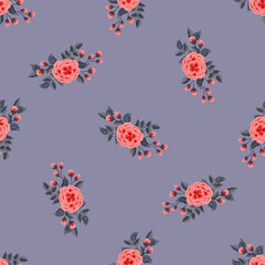 Plant pattern with one stroke painting imitation rose. Seamless folk floral pattern. Rose flowers. Vintage old style background. For textile, wallpaper, covers, surface, print, gift wrap, decoupage.