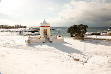 Santa Maria al Bagno after a exceptional snowfall, Salento, Italy