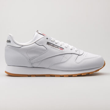 VIENNA, AUSTRIA - FEBRUARY 19, 2018: Reebok Classic Leather white sneaker on white background.