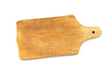 Old village kitchen cutting Board for food isolated on white background. Items for cooking. Kitchen utensils.